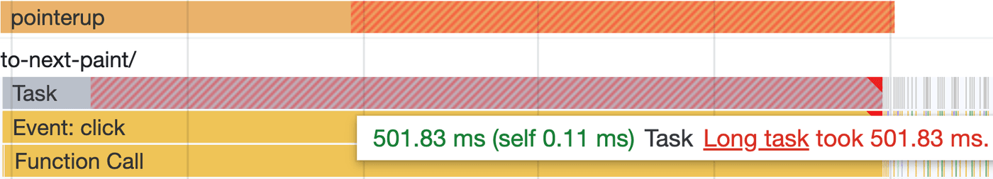 Chrome's performance profiler showing a long task from a click callback.