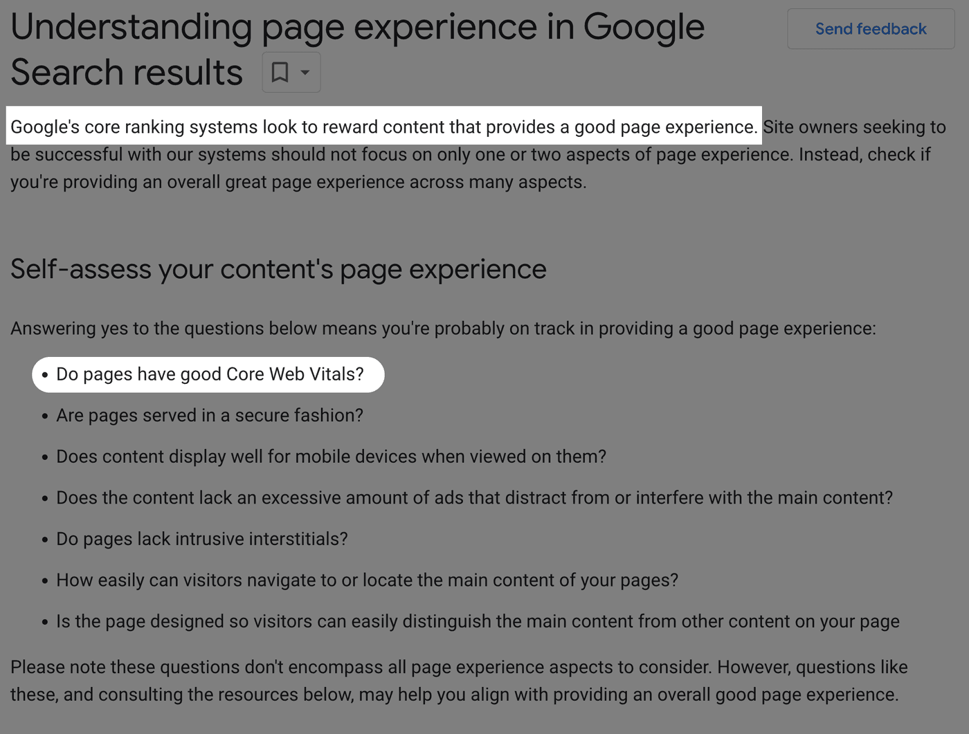 Google Search Central website highlighting that "Google's core ranking systems look to reward content that provides a good page experience" and highlighting a bullet under a "Self-assess your content's page experience" that asks "Do pages have good Core Web Vitals?".
