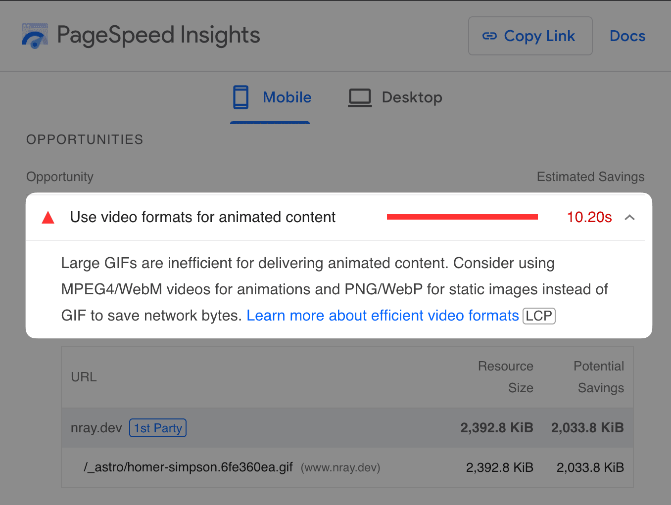 PageSpeed Insights report showing a failing `Use video formats for animated content` audit.