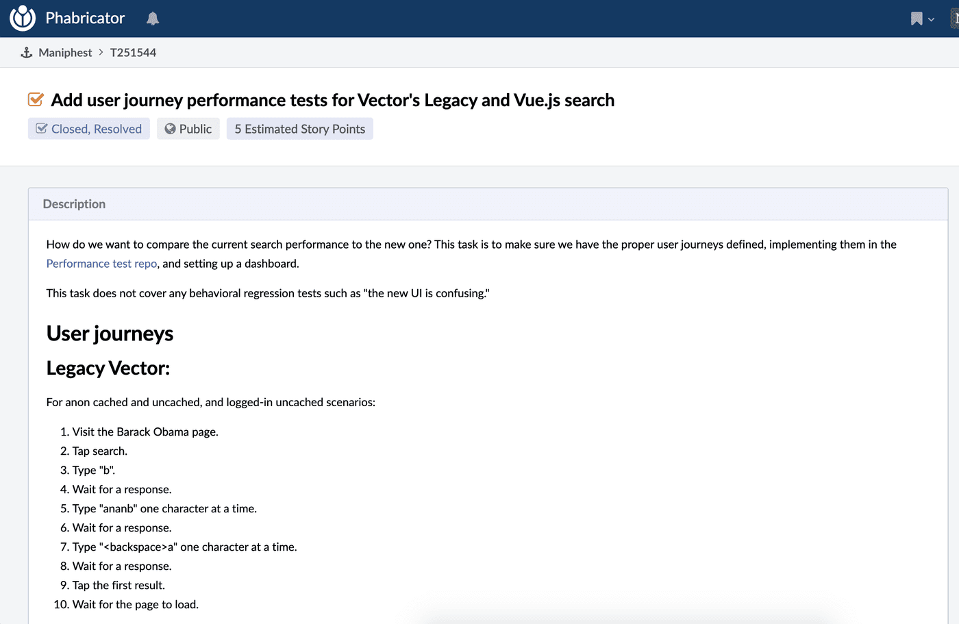 Phabricator ticket T251544 which is titled 'Add user journey performance tests for Vector Legacy and Vue.js search'