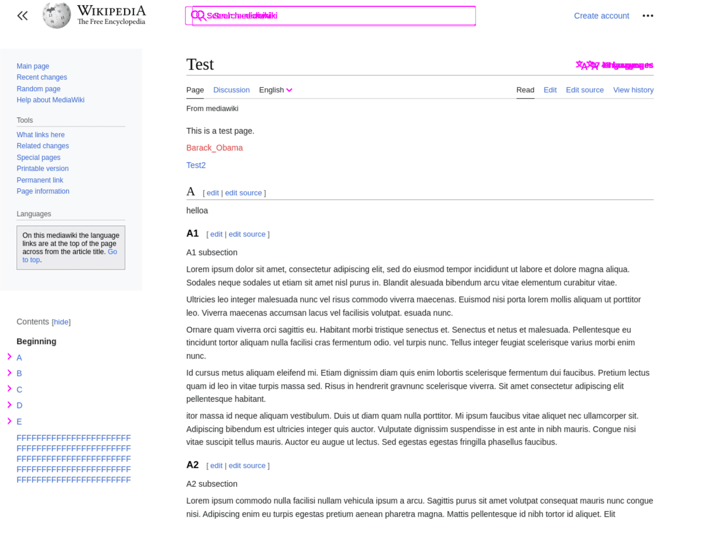 An image diff of two very similar screenshots of an article. Differences include a bigger search input with a misaligned icon, missing arrow icons in the table of contents, and a missing arrow icon next to the language switcher.