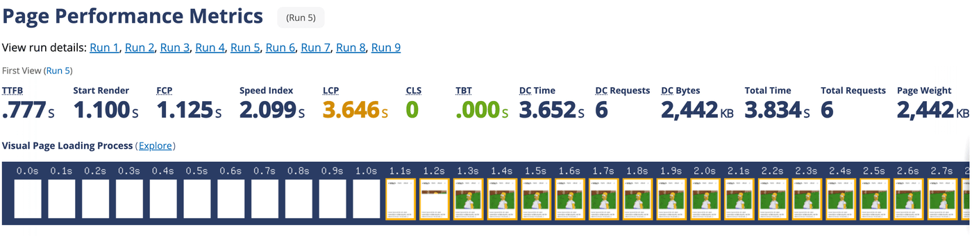 WebPageTest baseline showing 3.646 LCP.