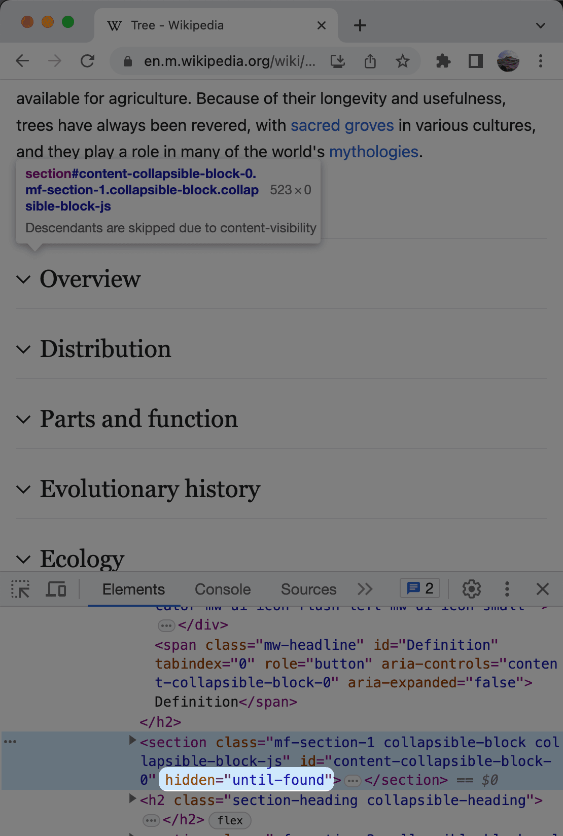 Screenshot of Wikipedia's mobile site showing many collapsed article sections. Chrome DevTools shows that a "hidden=until-found" attribute hides most of the sections.